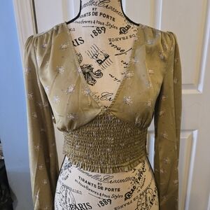 Urban Outfitters Olive Floral Smocked Blouse